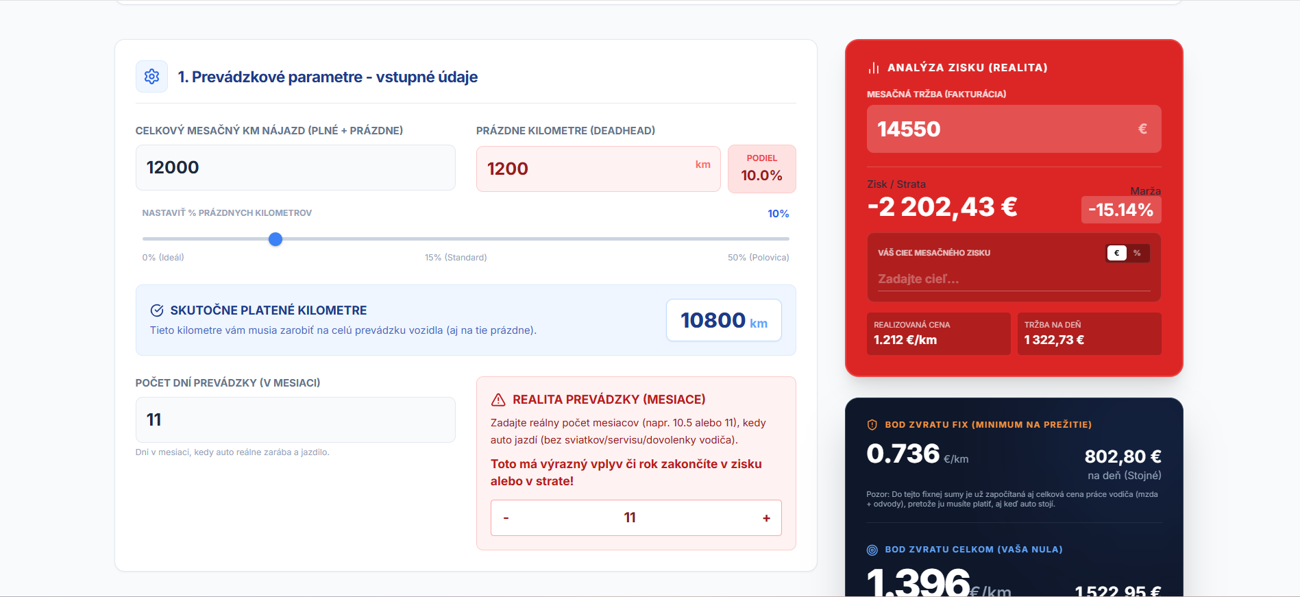 TransportProfit PRO - vstupné parametre prevádzky
