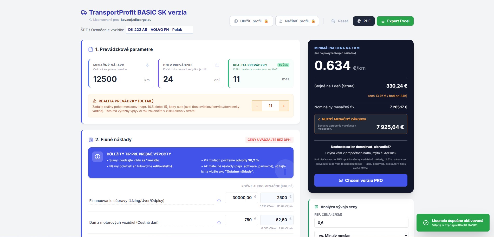 TransportProfit BASIC - kalkulačka fixných nákladov